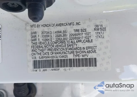 2016 Honda Cr-V Ex z USA, uszkodzony, nr VIN 5J6RM4H55GL104425